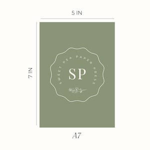 May include: A7 size olive green cardstock paper, 5 inches wide by 7 inches tall. The card features a white scalloped logo with the text "SWEET PEA PAPER PRESS" and the initials "SP". A small floral design is below the initials.