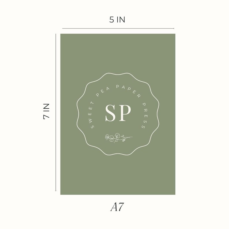 May include: A7 size olive green cardstock paper, 5 inches wide by 7 inches tall. The card features a white scalloped logo with the text "SWEET PEA PAPER PRESS" and the initials "SP". A small floral design is below the initials.