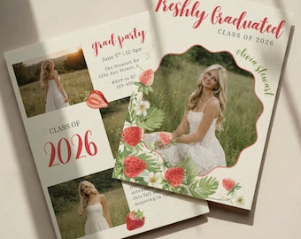 Strawberry Graduation Announcement Template | Photo Grad Invite, Floral Grad Card, Preppy Graduation, Girl Graduate Invite, Grad Party | 039