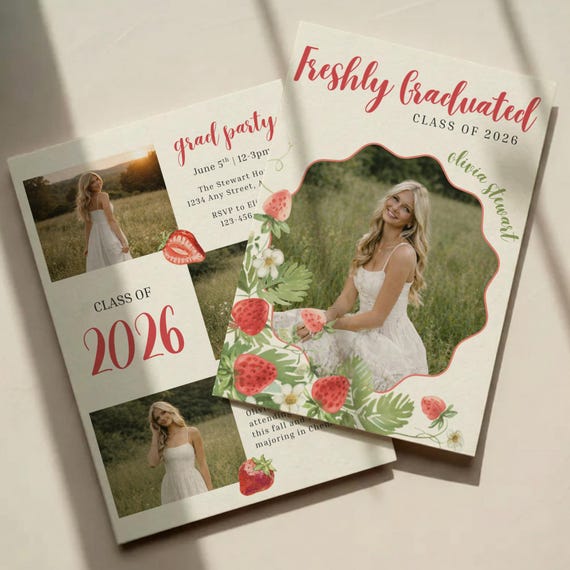 Strawberry Graduation Announcement Template | Photo Grad Invite, Floral Grad Card, Preppy Graduation, Girl Graduate Invite, Grad Party | 039
