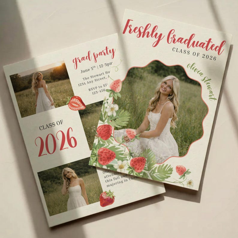 May include: Graduation announcement cards with photos, strawberries, and the text "Freshly Graduated Class of 2026." One card has the name "Olivia Stewart." The other card says "grad party" and "Class of 2026."