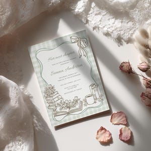 May include: A bridal shower invitation with a light green gingham pattern and a decorative border. The invitation features the text "Her next chapter" and the name "Sienna Anderson". Floral and book illustrations are included.