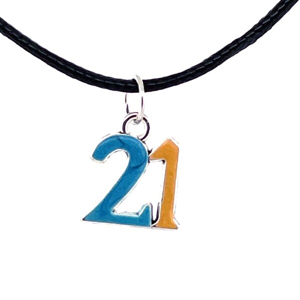 Chromosome 21: Dynamic Art necklace in blue and yellow colors. This limited edition wearable art represents Down syndrome.