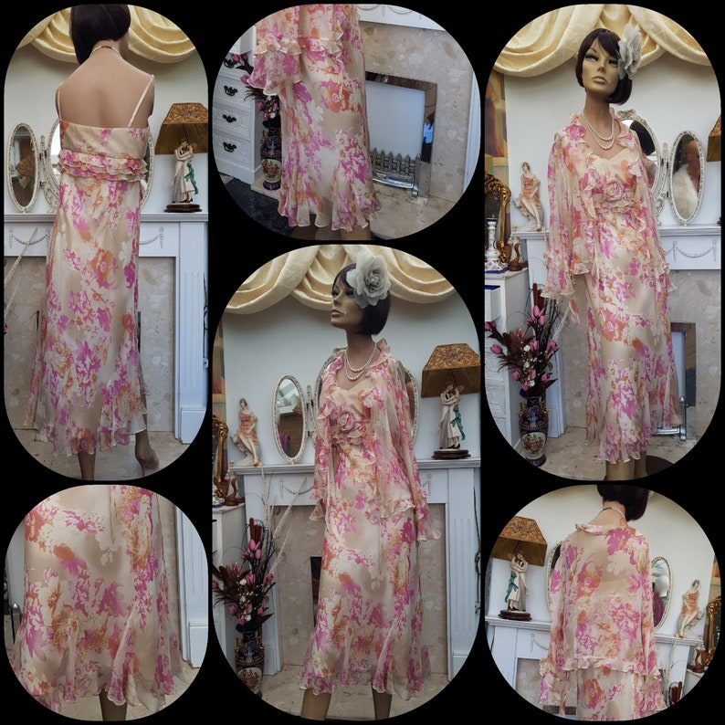 1930'S Downton Abbey Floral Silk Dress Bias Cut Evening Cocktail Dress Size 14UK 10US image 7