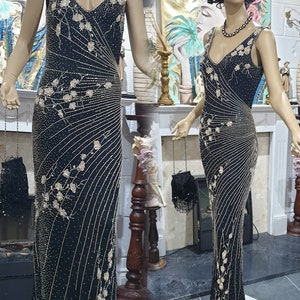 1930's Downton Abbey Evening Formal Gown, Bias Cut Beaded Silk Evening Dress, Old Hollywood Glamour Toffee Embellished Gown Size 10UK 6US