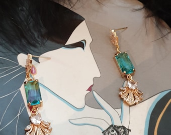 Art Deco Fan Earrings, Gold Cubic Zirconia Baguette Stud Earrings