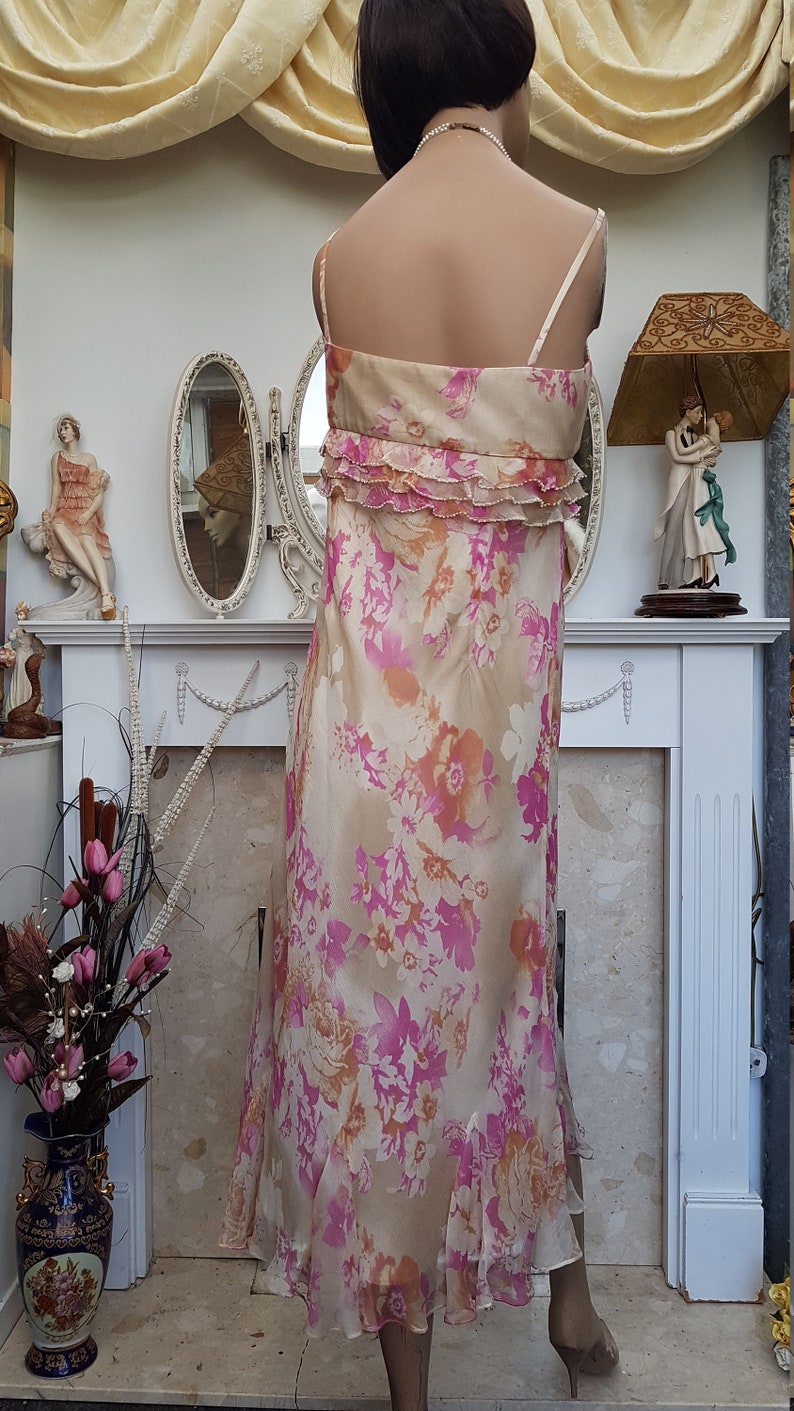 1930'S Downton Abbey Floral Silk Dress Bias Cut Evening Cocktail Dress Size 14UK 10US image 4