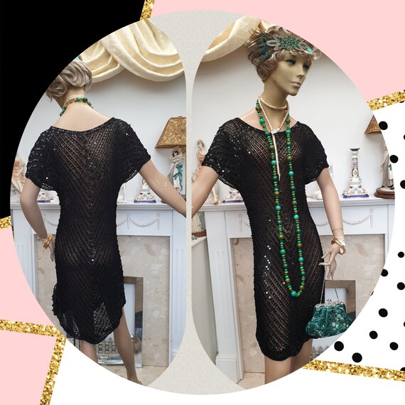 1920's Flapper Dress Black Sequined Crochet Dress… - image 3