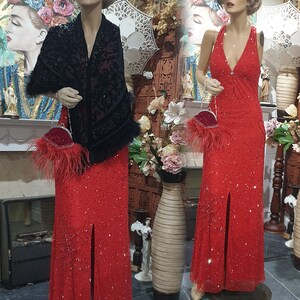 30's Downton Abbey Glamorous Evening Gown, Red Embellished Romantic Dress, Sequinned Flapper Size 12UK, 8USA image 2