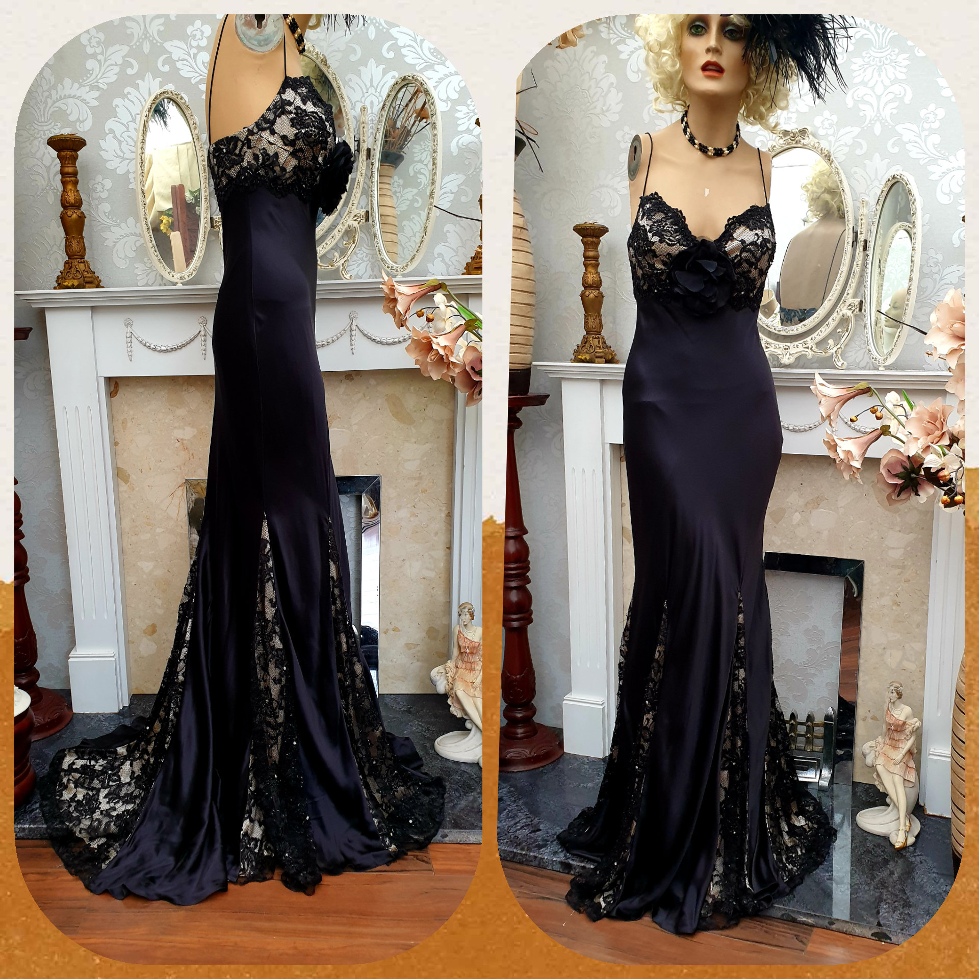 Old Hollywood Glamour Art Deco 1930's Silk Luxurious Satin Liquid Lace