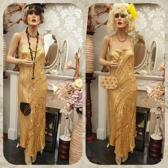 Gold Sequin Dress 30's Downton Abbey Gown Bias Cut Embellished Dress Golden  Ball Dress Size 16UK 12US - Etsy
