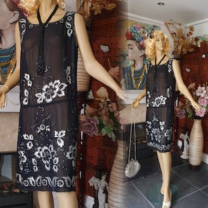1920&#39;s Gatsby Flapper, Vintage Great Gatsby Flapper Dress, Art Deco Beaded Dress, Drop Waist Silk Flapper,  14UK 10US