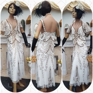 Vestido de noche formal de Downton Abbey de los años 20, estilo art déco, con lentejuelas y cuentas, con bolero a juego, talla 20 UK 16 US