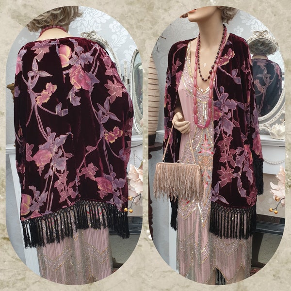 Vintage Velvet Devore Kimono Flapper '20s Burnout Oriental Kimono Cherry Blossom Floral Duster Rozmiar 10, 12UK 6, 8US