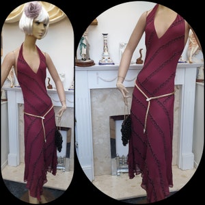 Vintage Cocktail Dress Burgundy Beaded Flapper Dress Beaded Silk Dress Bias Cut Silk Dress Size 10UK 6US