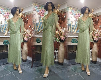 Vintage Flapper Dress, Downton Abbey Flapper with Matching Scarf,  Art Deco Embellished Dress Size 14UK 10US