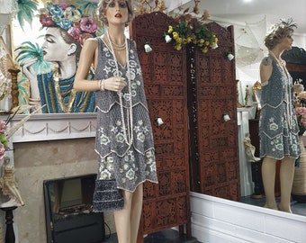 Art Deco Flapper Dress, 20's Great Gatsby Gown, Layered Embellished Flapper Dress Size 12UK 8US