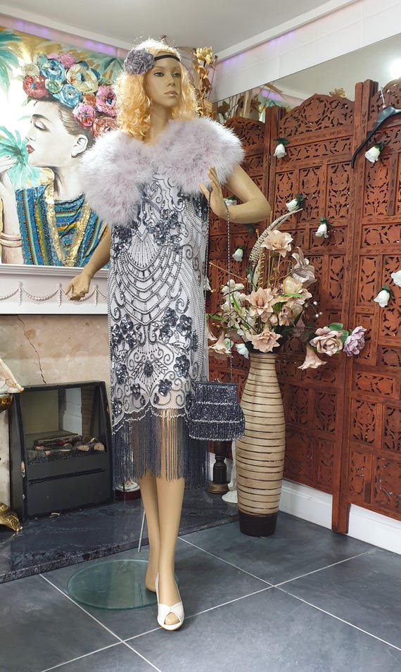 beaded flapper dress fringe Unique Vintage Navy & Green Peacock Beaded Nadine Fringe Flapper Dress