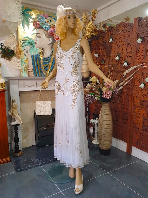 white beaded flapper dress Wedding Dress, Great Gatsby Dress, Bias Cut Embroidered Flapper, 1920's Gathered Embellished 12UK, 8US Cocktail dress