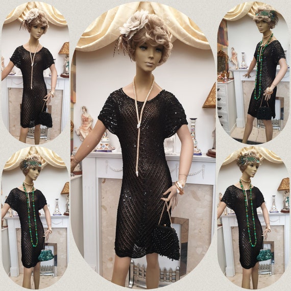 1920's Flapper Dress Black Sequined Crochet Dress… - image 10