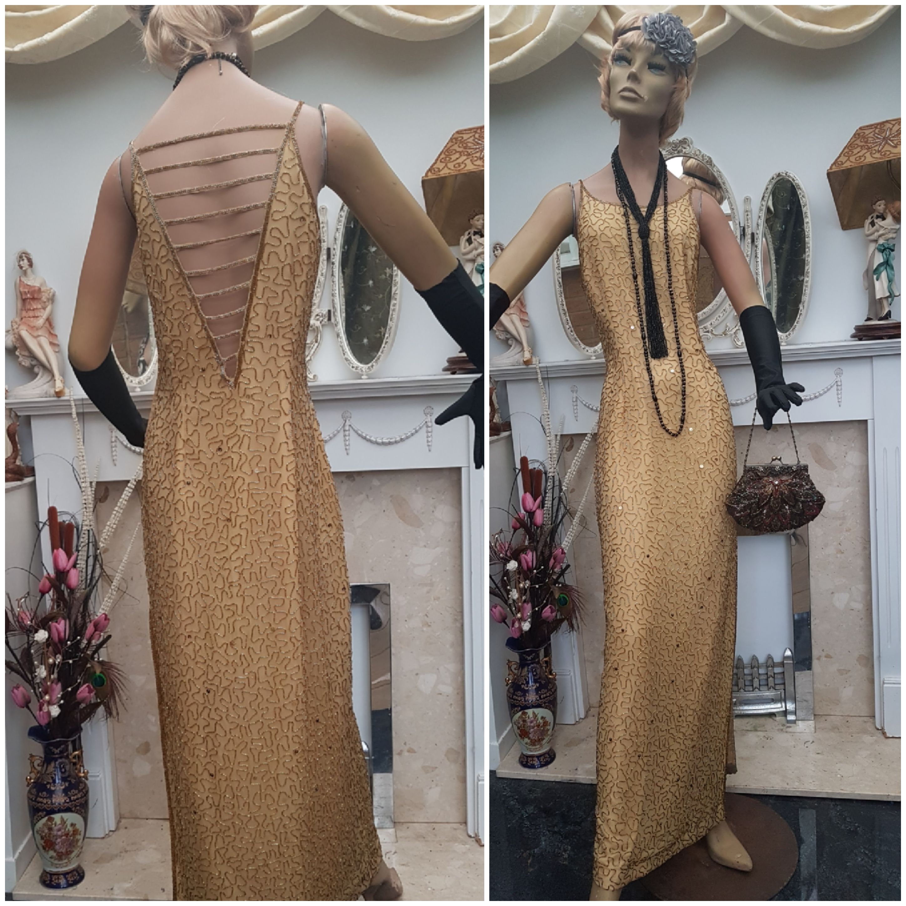 1930's Downton Abbey Formal Evening Dress Golden Beaded Evening Gown Size 12UK 8US