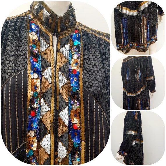 1980's Frank Usher Sequin Caftan Coat Vintage Han… - image 2