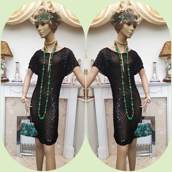 1920's Flapper Dress Black Sequined Crochet Dress… - image 7