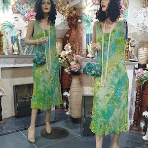 1930&#39;s Downton Abbey Evening Gown, Bias Cut Embellished Dress,  Silk Flapper Dress Size 14UK 10US