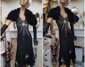 1920' Flapper Dress Art Deco Beaded Dress Black Silk Evening Dress Size 10UK 8US