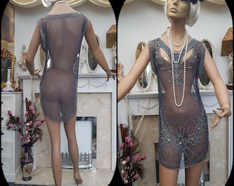 1920&#39;s Great Gatsby Flapper Beaded Sheer Charleston Art Deco Flapper Dress Size 8UK, 4US