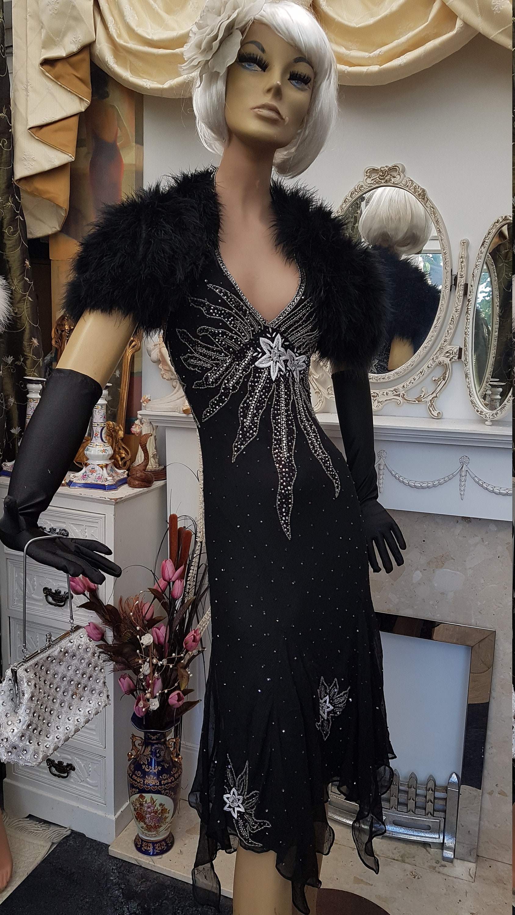 1920' Flapper Dress Art Deco Beaded Dress Black Silk Etsy UK