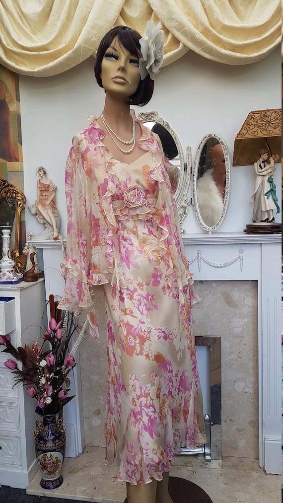 1930'S Downton Abbey Floral Silk Dress Bias Cut E… - image 2