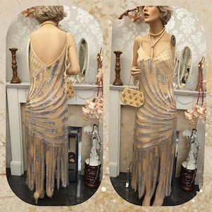 1920s Art Deco Flapper Charleston Gatsby Vintage Evening Gown Avant Garde Gold Dress Size 12UK 8US