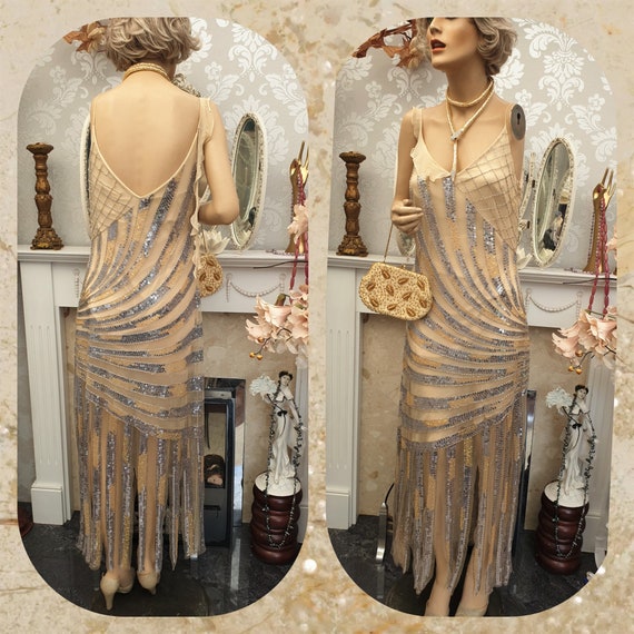 1920s Art Deco Flapper Charleston Gatsby Vintage Evening Gown Avant Garde Gold Dress Size 12uk 8Us