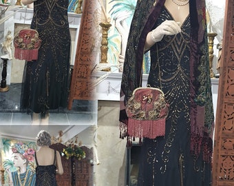 1920's Downton Abbey Dress, Beaded Sequin Black Dress, Art Deco Evening Dress Size 12UK, 8US