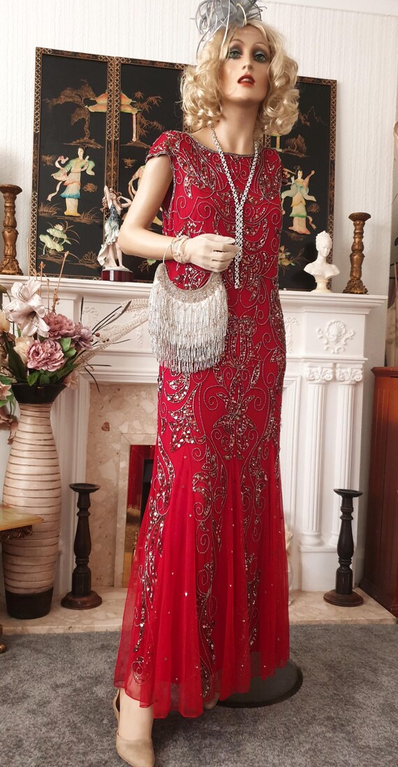 Vintage Beaded Evening Gown, 1920s Red Sequin Dress 20's, Size Uk12, US8 Vintage Beaded Evening Gown, 1920s Red Sequin Dress 20's, Size Uk12, US8