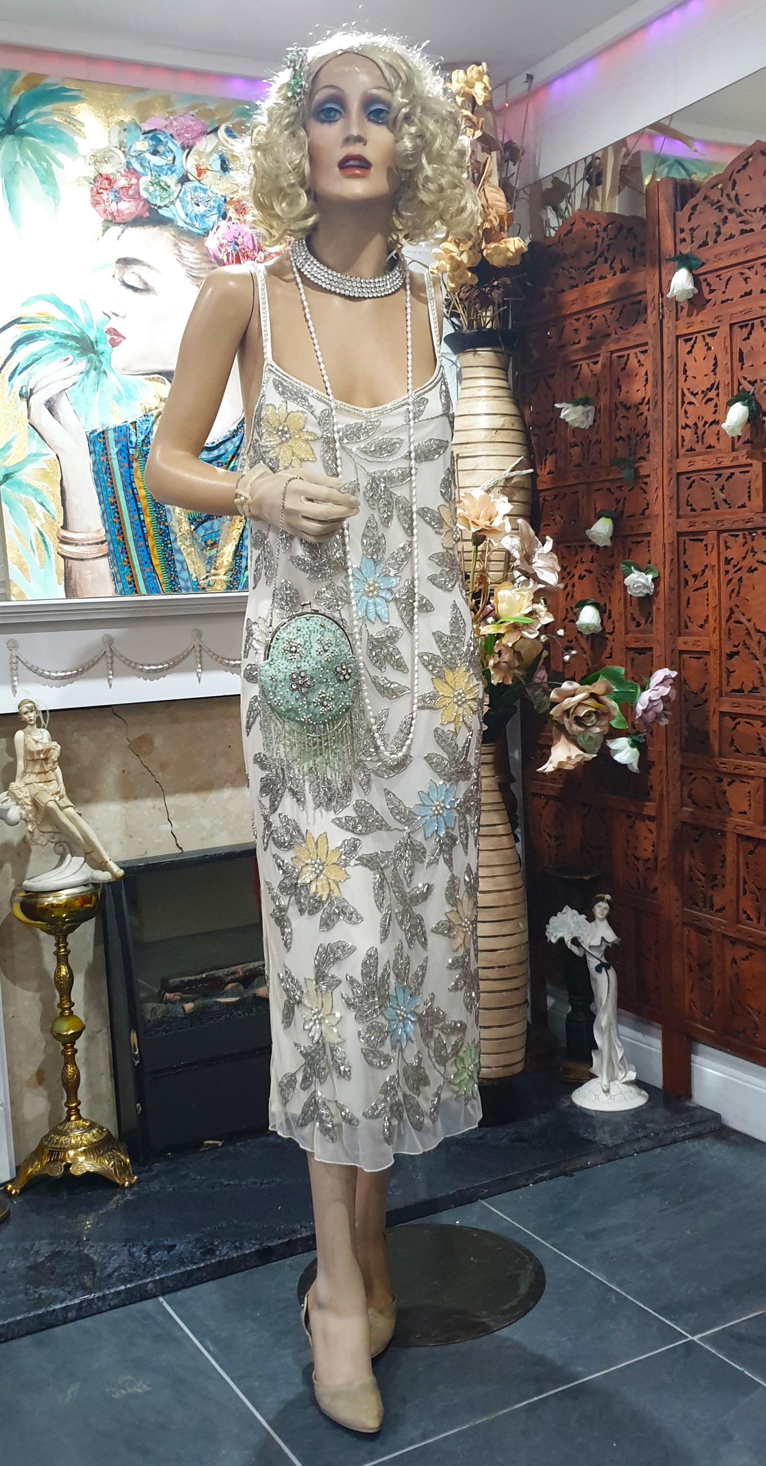 ivory beaded flapper dress Vintage Beaded Flapper Dress, 1920s Ivory Evening Dress With Pastel Floral  Beading, Low Back Art Deco Dress, Great Gatsby Dress 12UK 8US