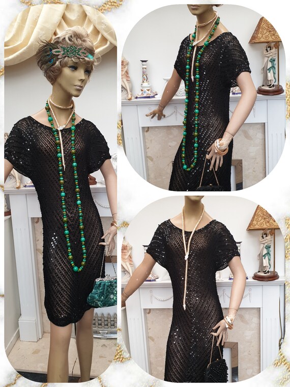 1920's Flapper Dress Black Sequined Crochet Dress… - image 4