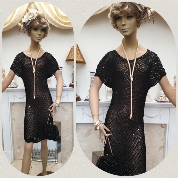 1920's Flapper Dress Black Sequined Crochet Dress