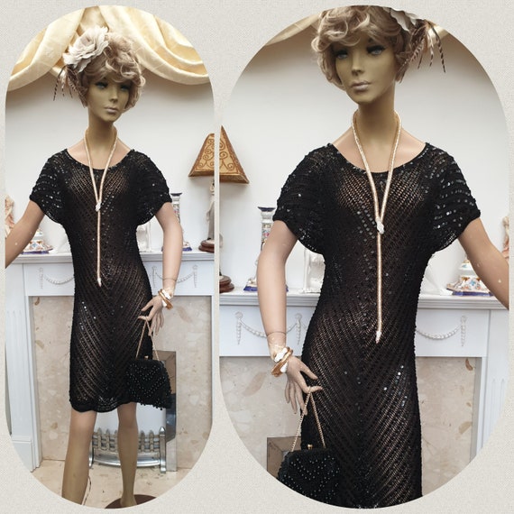 1920's Flapper Dress Black Sequined Crochet Dress… - image 2