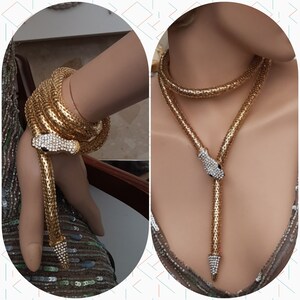 1920's Diamond Gold Snake Art Deco Chain Snake Necklace Golden Crystal Rhinestone Statement Necklace