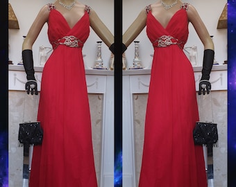 1930er Jahre Downton Abtei Abend Abendkleid Rote Seide Perlen Kleid Griechisches Rotes Seidenkleid Größe 16UK 12US