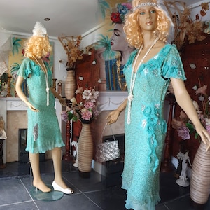 Vintage Silk Dress, 20&#39;s, 30&#39;s Embellished Flapper, Bias Cut Dress, Beaded Silk Dress, size 14UK, 10US