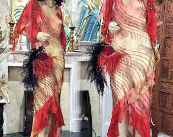 1930's Downton Abbey Evening Formal Gown, Frilled Silk Dress, Beaded Flapper Dress Size 14UK 10US
