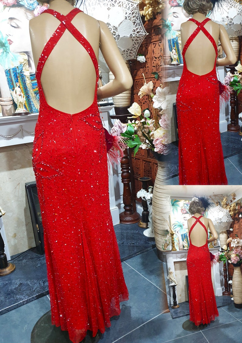 30's Downton Abbey Glamorous Evening Gown, Red Embellished Romantic Dress, Sequinned Flapper Size 12UK, 8USA image 5