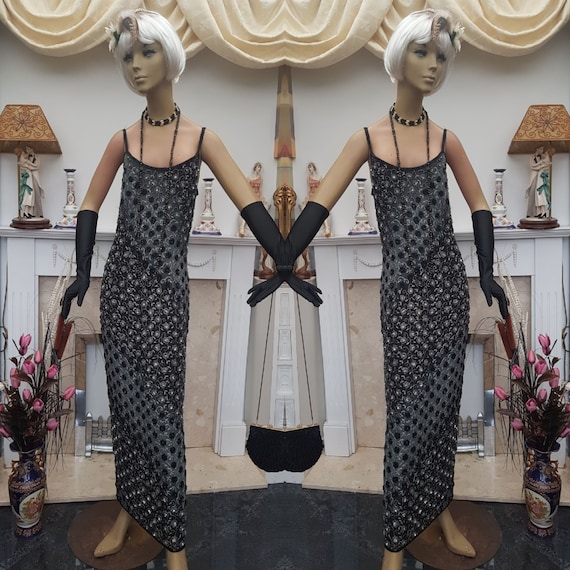20's 30's Great Gatsby Beaded Evening Dress Grey O
