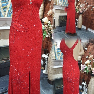 30's Downton Abbey Glamorous Evening Gown, Red Embellished Romantic Dress, Sequinned Flapper Size 12UK, 8USA image 3