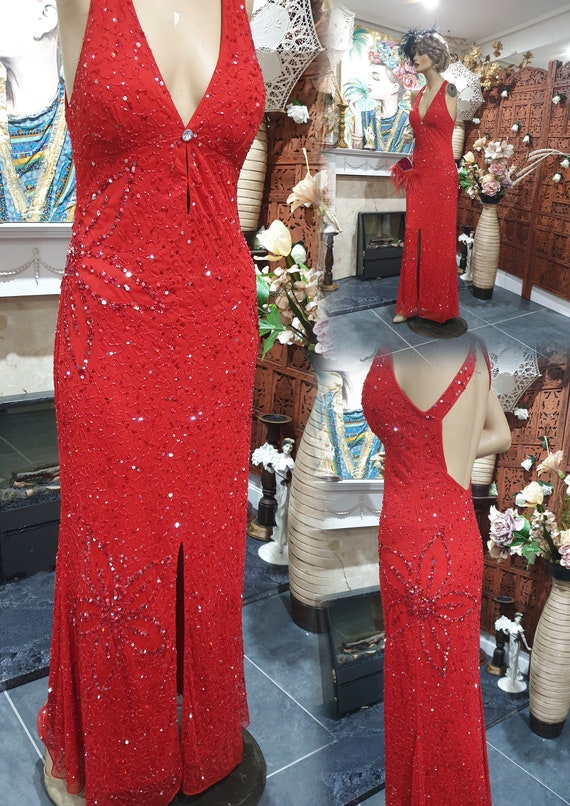 30's Downton Abbey Glamorous Evening Gown, Red Em… - image 3