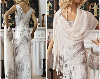 Vintage Hand-Perlen Seide Abendkleid - Weiß & Silber Pailletten Langes Kleid mit schiere Schal Größe UK40 US8