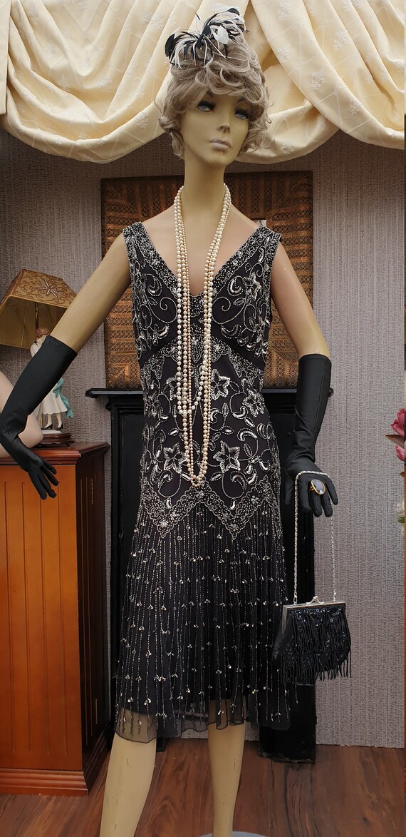1920's Gatsby Flapper Dress Art Deco Sequin Black Beaded Flapper Dress Size  14UK 10US - Etsy